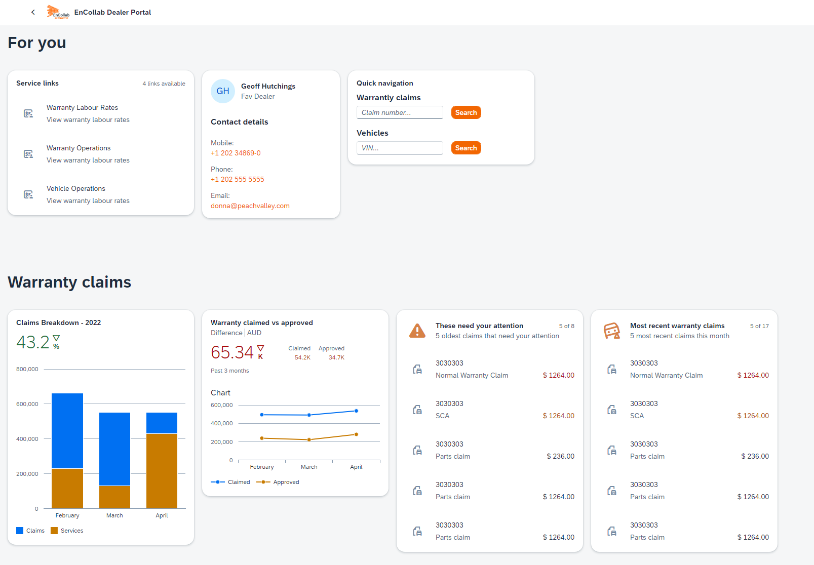 EnCollab Dealer Portal home with service links, quick search and warranty claim charts